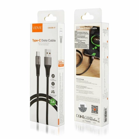 Kabel USB TYP C 2m czarny VIDVIE CB4038 3A